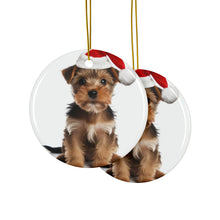 DistinctInk Hanging Ceramic Christmas Tree Ornament with Gold String - Great Gift/Present - 2 3/4 inch Diameter - American Hairles Terrier Puppy Design
