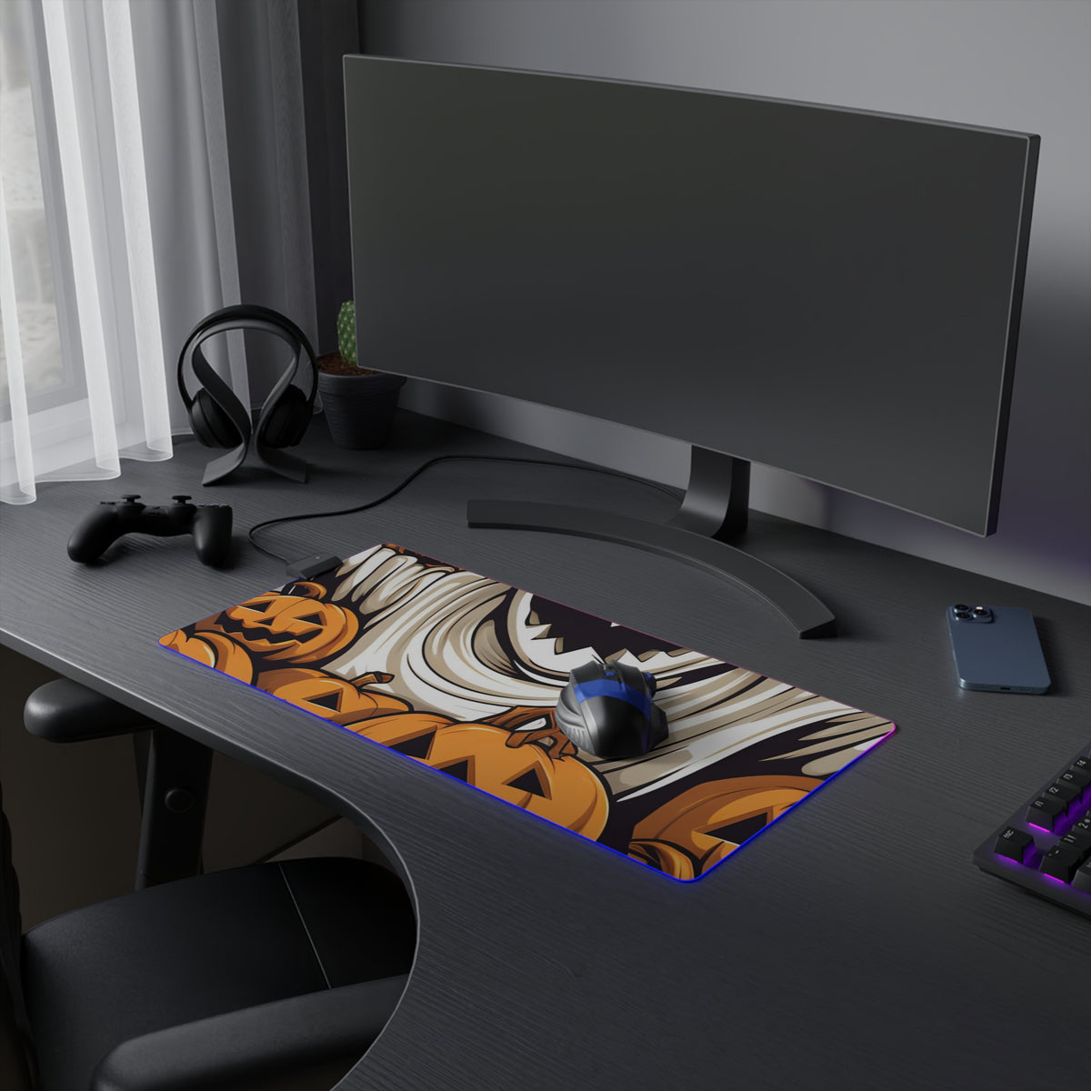 LED Gaming Mouse Pad with Ghostly Skeleton and Pumpkins Design for Halloween, view 9