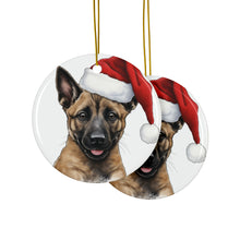 DistinctInk Hanging Ceramic Christmas Tree Ornament with Gold String - Great Gift/Present - 2 3/4 inch Diameter - Belgian Malinoi Puppy Drawing Design