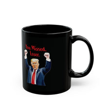 Black Mug (11oz, 15oz) with Donald Trump ‘You Missed, Loser’ Cartoon Design – Bold and Fun Political Humor Gift”