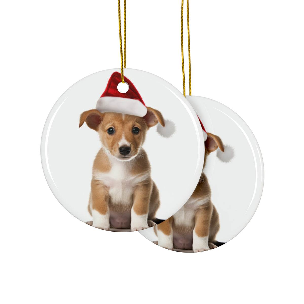 Hanging Ceramic Christmas Tree Ornament with Gold String - Portuguese Podengo Pequeno Puppy Design, view 2