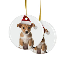 DistinctInk Hanging Ceramic Christmas Tree Ornament with Gold String - Great Gift/Present - 2 3/4 inch Diameter - Portuguese Podengo Pequeno Puppy Design