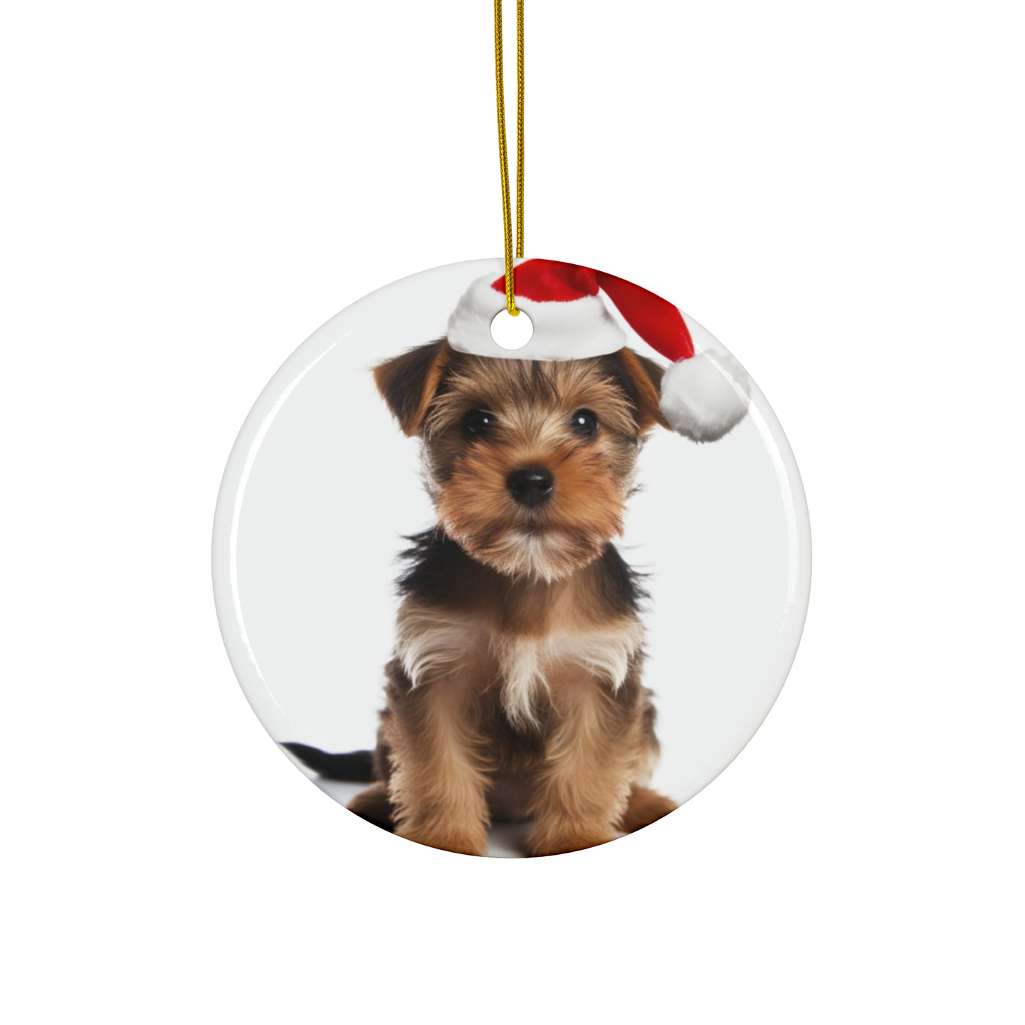 DistinctInk Hanging Ceramic Christmas Tree Ornament with Gold String - Great Gift/Present - 2 3/4 inch Diameter - American Hairles Terrier Puppy Design