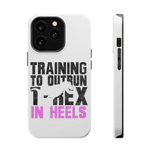 DistinctInk ToughCase for Apple iPhone, Compatible with MagSafe Charging - Training to Outrun T-Rex in Heels