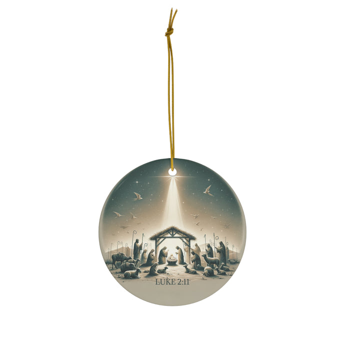 DistinctInk Hanging Ceramic Christmas Tree Ornament Charm with Gold String - Great Gift/Present - 2 3/4 inch Diameter - Nativity Scene, Savior's Birth - Luke 2:11