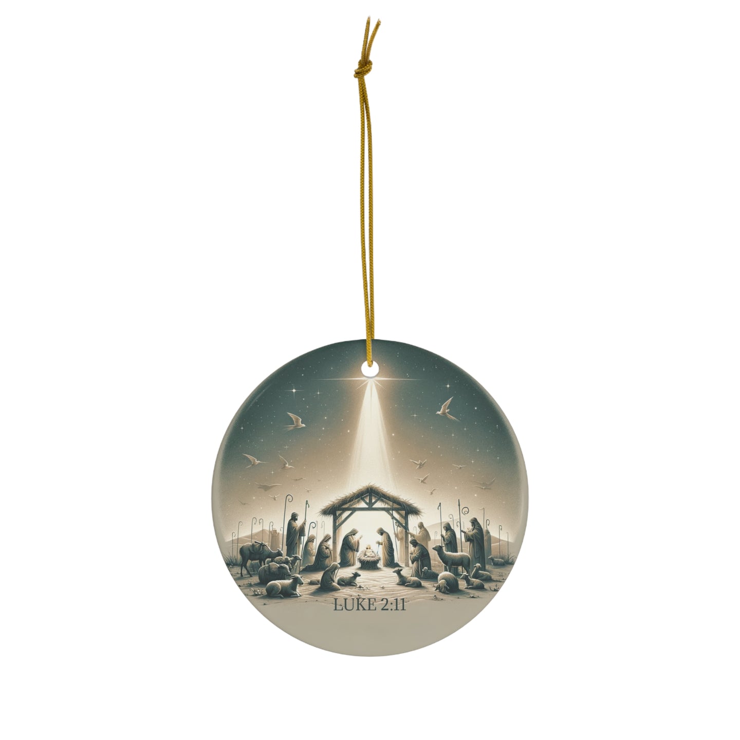 DistinctInk Hanging Ceramic Christmas Tree Ornament Charm with Gold String - Great Gift/Present - 2 3/4 inch Diameter - Nativity Scene, Savior's Birth - Luke 2:11