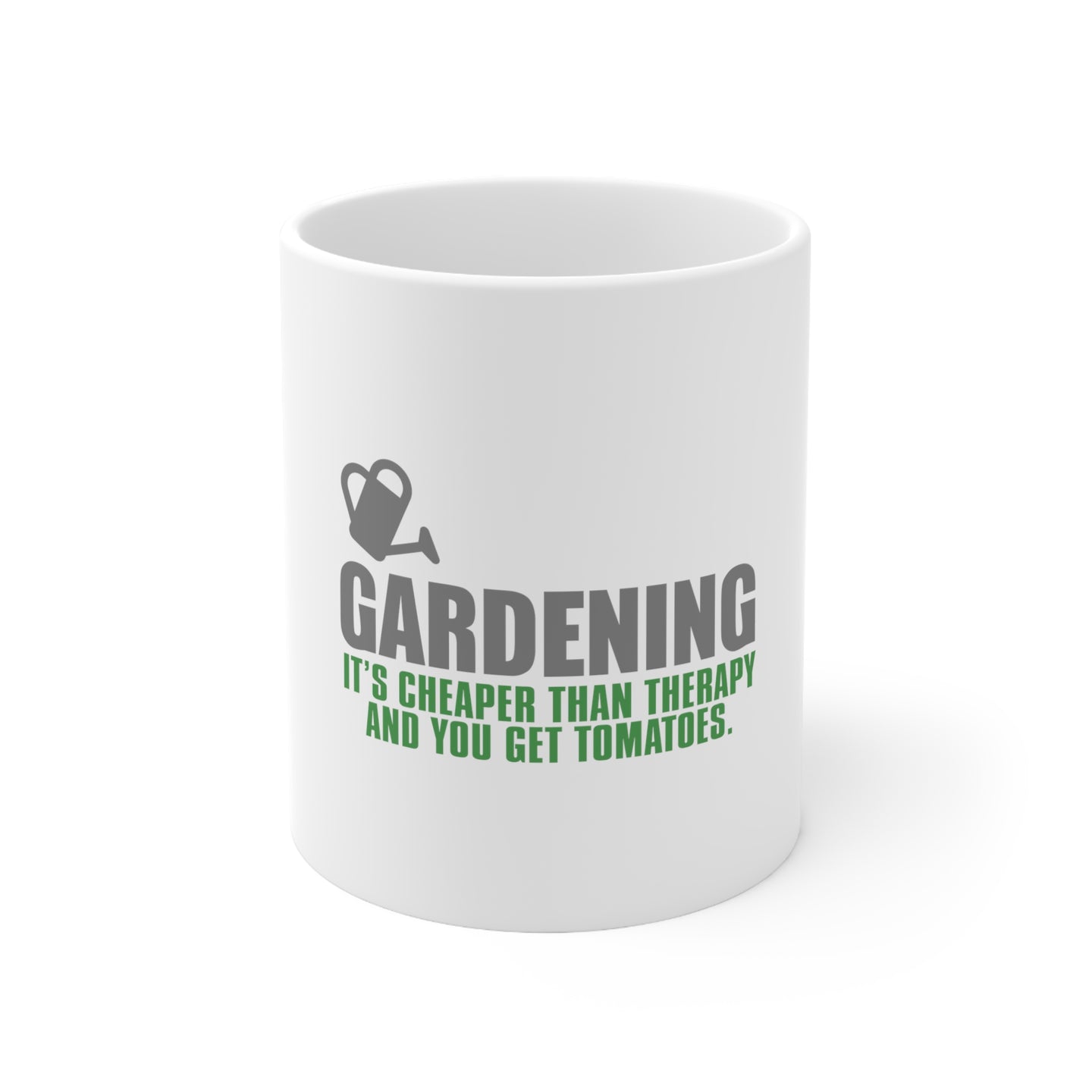 DistinctInk Glossy White Coffee / Tea Mug - Gardening - Cheaper Than Therapy & You Get Tomatoes