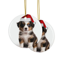 DistinctInk Hanging Ceramic Christmas Tree Ornament with Gold String - Great Gift/Present - 2 3/4 inch Diameter - Miniature American Shepherd Puppy Design
