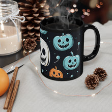 DistinctInk Black Coffee Mug - Skele-Ghostly Pumpkin Patch for Halloween