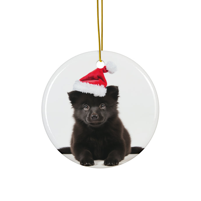 DistinctInk Hanging Ceramic Christmas Tree Ornament with Gold String - Great Gift/Present - 2 3/4 inch Diameter - Schipperke Puppy Design