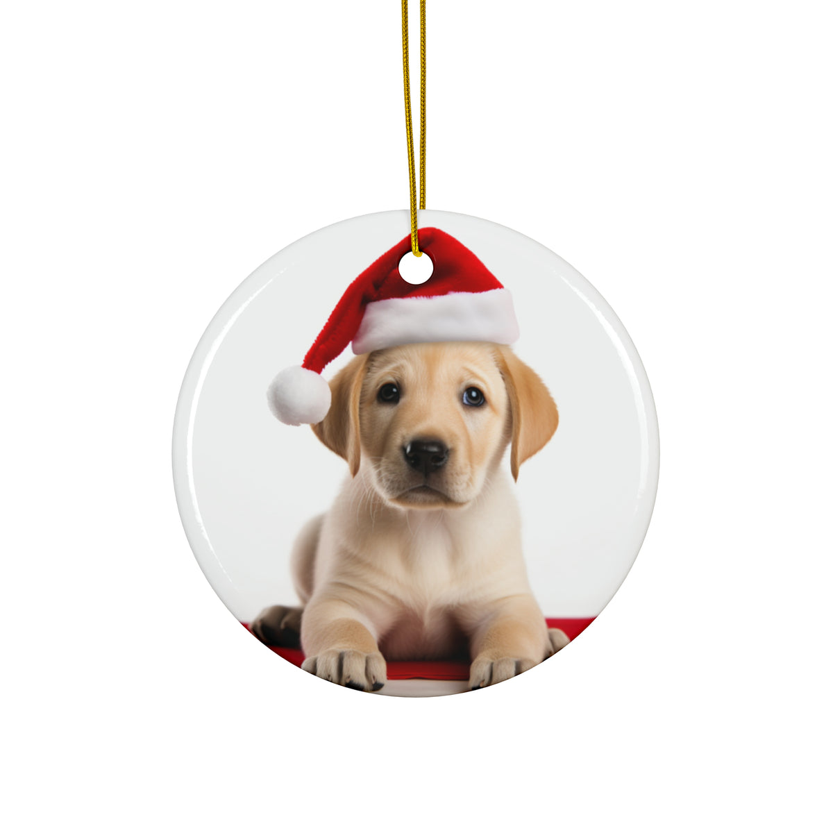 Hanging Ceramic Christmas Tree Ornament with Gold String - Labrador Retriever Puppy Design