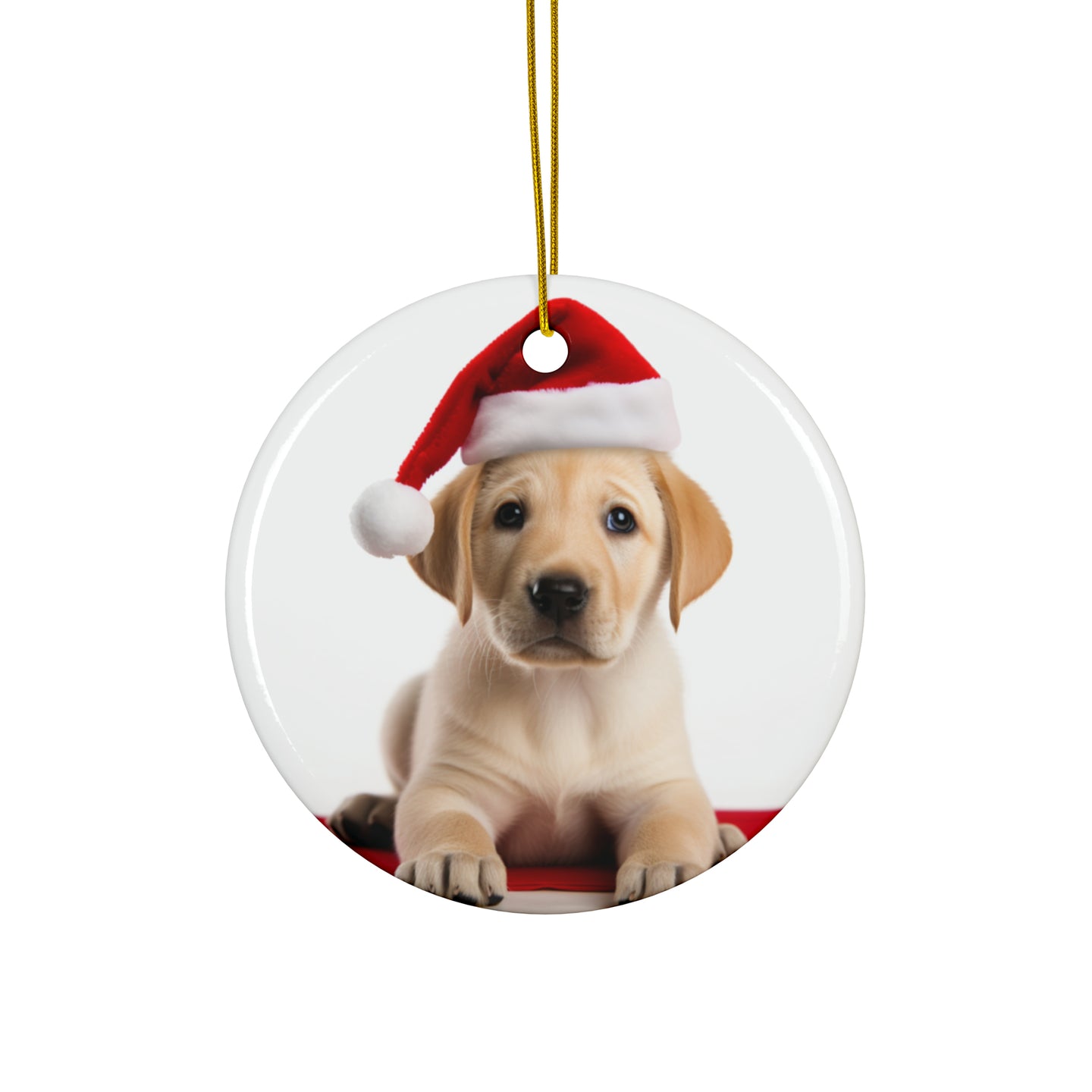 DistinctInk Hanging Ceramic Christmas Tree Ornament with Gold String - Great Gift/Present - 2 3/4 inch Diameter - Labrador Retriever Puppy Design