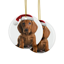 DistinctInk Hanging Ceramic Christmas Tree Ornament with Gold String - Great Gift/Present - 2 3/4 inch Diameter - Redbone Coonhound Puppy Design
