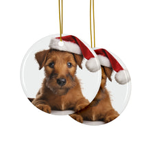 DistinctInk Hanging Ceramic Christmas Tree Ornament with Gold String - Great Gift/Present - 2 3/4 inch Diameter - Irish Terrier Puppy Design