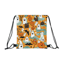 DistinctInk Drawstring Bag Backpack with Flying Pumpkin Bats Design for Halloween