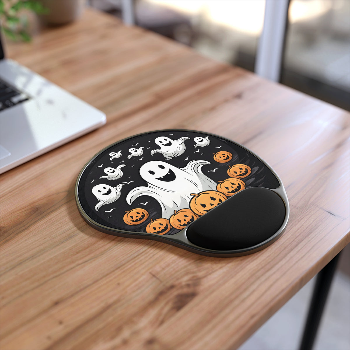 Mouse Pad with Wrist Rest with Skeletal Ghostly Pumpkin Patch Design for Halloween, view 2
