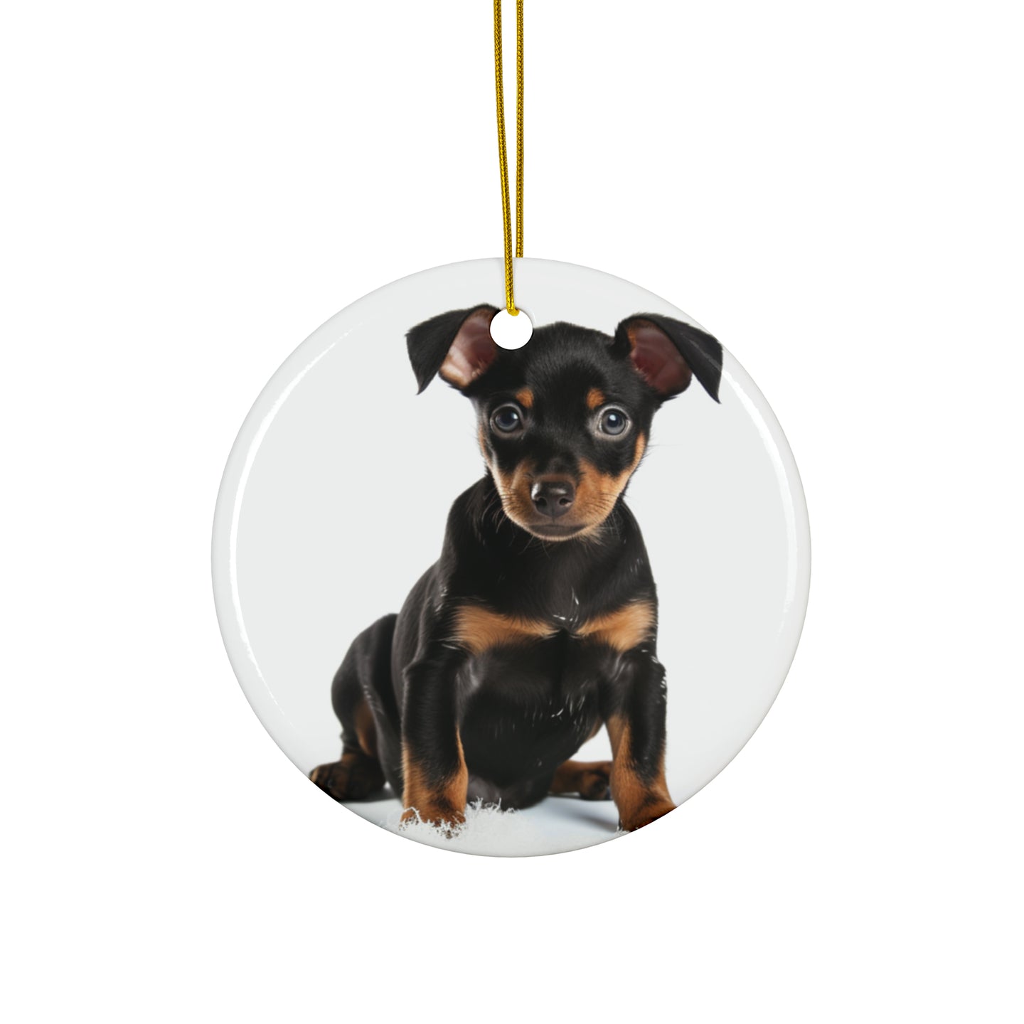 DistinctInk Hanging Ceramic Christmas Tree Ornament with Gold String - Great Gift/Present - 2 3/4 inch Diameter - Manchester Terrier Puppy Design