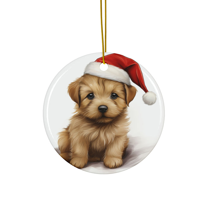DistinctInk Hanging Ceramic Christmas Tree Ornament with Gold String - Great Gift/Present - 2 3/4 inch Diameter - Norfolk Terrier Puppy Drawing Design
