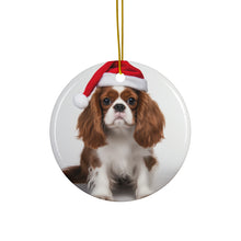 DistinctInk Hanging Ceramic Christmas Tree Ornament with Gold String - Great Gift/Present - 2 3/4 inch Diameter - Cavalier King Charle Spaniel Design