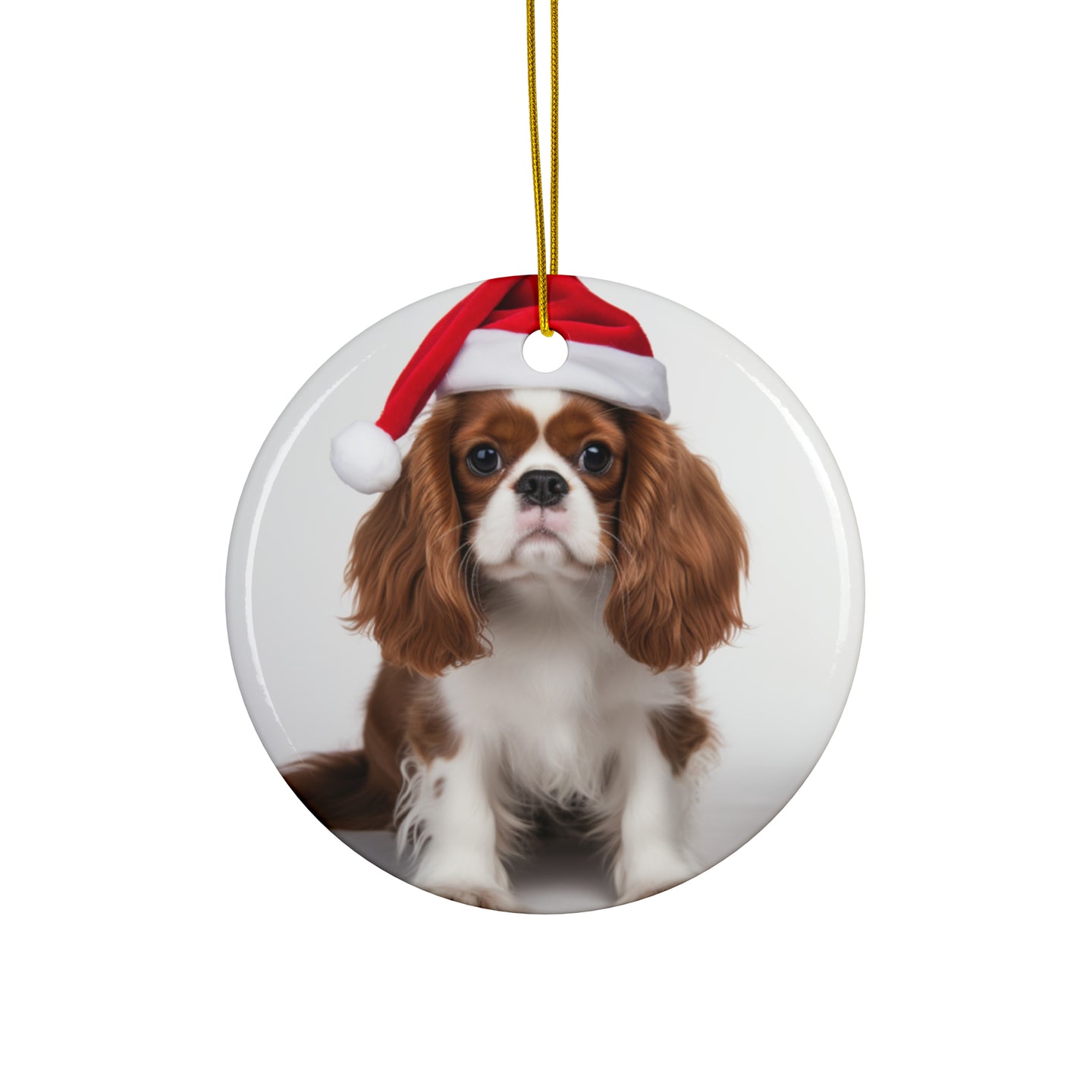 DistinctInk Hanging Ceramic Christmas Tree Ornament with Gold String - Great Gift/Present - 2 3/4 inch Diameter - Cavalier King Charle Spaniel Design