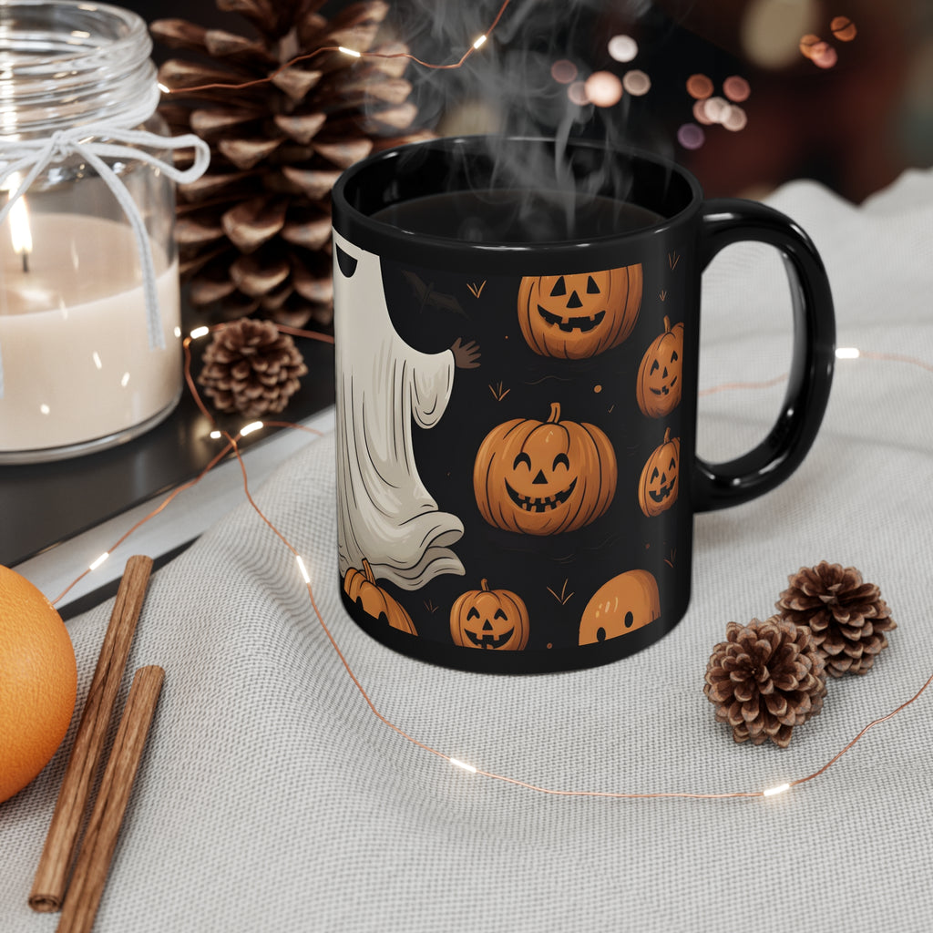 Black Coffee Mug - Ghastly Skeleton Pumpkin for Halloween, view 4