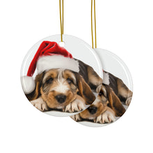 DistinctInk Hanging Ceramic Christmas Tree Ornament with Gold String - Great Gift/Present - 2 3/4 inch Diameter - Grand Basset Griffon Vendéen Puppy Design