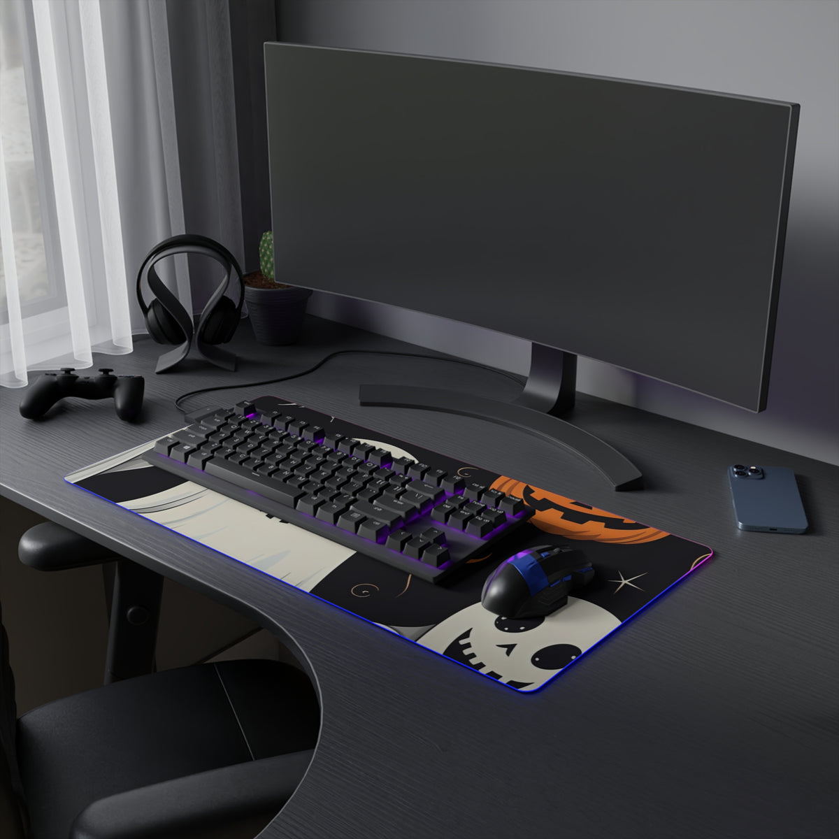 LED Gaming Mouse Pad with Spooky Skeleton Pumpkin Patch Design for Halloween, view 15