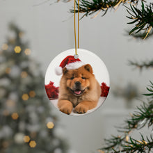 DistinctInk Hanging Ceramic Christmas Tree Ornament with Gold String - Great Gift/Present - 2 3/4 inch Diameter - Chow Chow Puppy Design