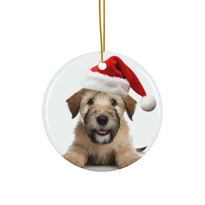 DistinctInk Hanging Ceramic Christmas Tree Ornament with Gold String - Great Gift/Present - 2 3/4 inch Diameter - Soft Coated Wheaten Terrier Puppy Design
