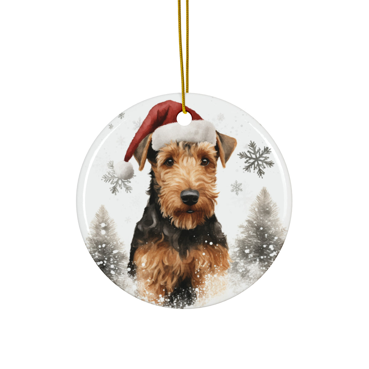 Hanging Ceramic Christmas Tree Ornament with Gold String - Welsh Terrier Design