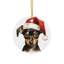 DistinctInk Hanging Ceramic Christmas Tree Ornament with Gold String - Great Gift/Present - 2 3/4 inch Diameter - Miniature Pinscher Puppy Drawing Design