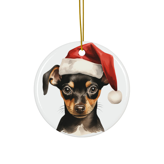 DistinctInk Hanging Ceramic Christmas Tree Ornament with Gold String - Great Gift/Present - 2 3/4 inch Diameter - Miniature Pinscher Puppy Drawing Design