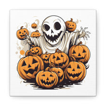 DistinctInk Canvas Wall Art with Ghostly Skeleton and Pumpkins for Halloween