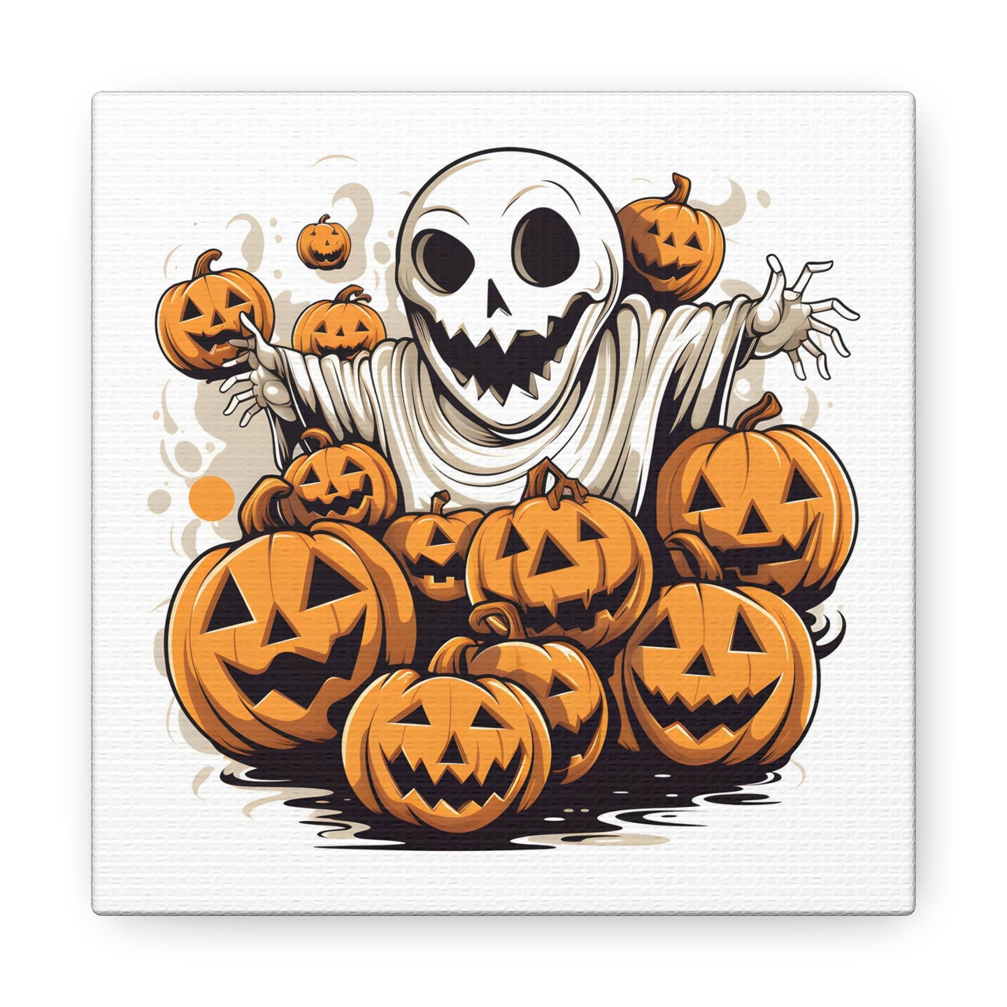 DistinctInk Canvas Wall Art with Ghostly Skeleton and Pumpkins for Halloween