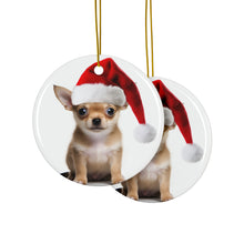 DistinctInk Hanging Ceramic Christmas Tree Ornament with Gold String - Great Gift/Present - 2 3/4 inch Diameter - Chihuahua Puppy Design