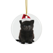 DistinctInk Hanging Ceramic Christmas Tree Ornament with Gold String - Great Gift/Present - 2 3/4 inch Diameter - Schipperke Puppy Design
