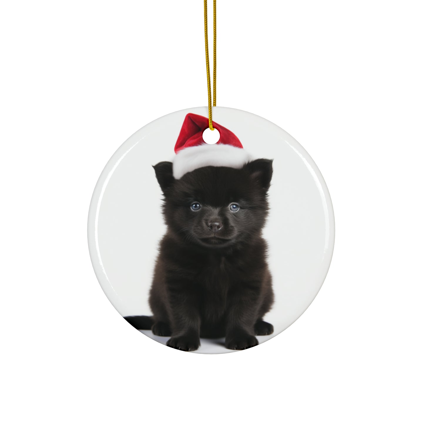 DistinctInk Hanging Ceramic Christmas Tree Ornament with Gold String - Great Gift/Present - 2 3/4 inch Diameter - Schipperke Puppy Design
