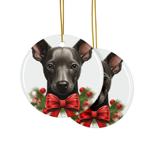 DistinctInk Hanging Ceramic Christmas Tree Ornament with Gold String - Great Gift/Present - 2 3/4 inch Diameter - Xoloitzcuintli Puppy Drawing Design