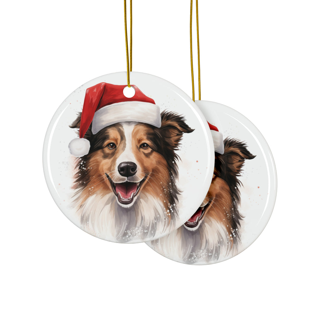 Hanging Ceramic Christmas Tree Ornament with Gold String - Collie Design, view 2