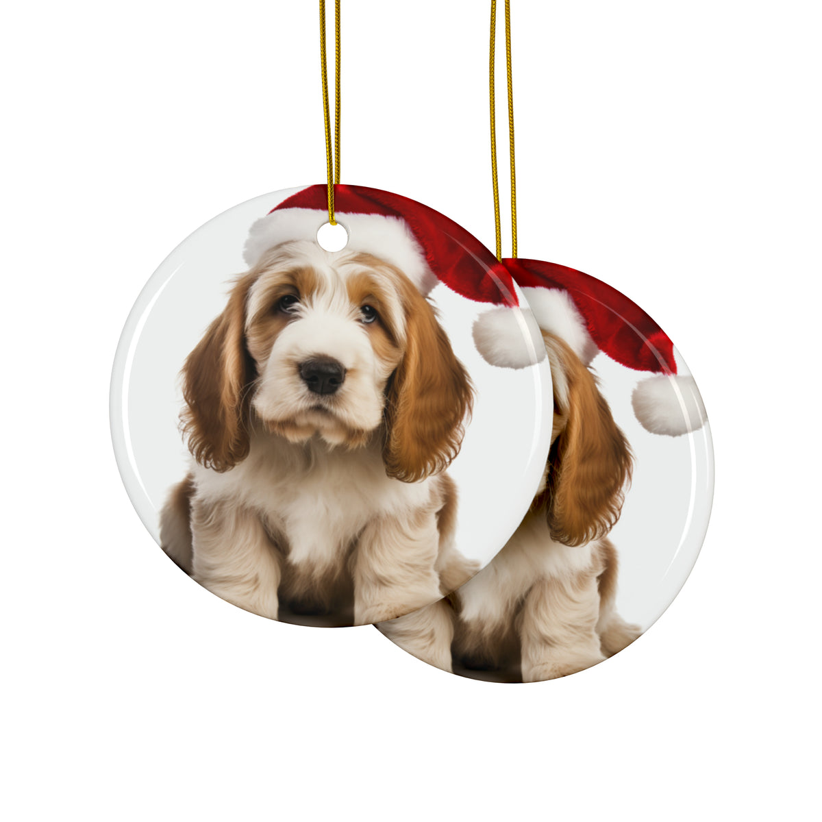 Hanging Ceramic Christmas Tree Ornament with Gold String - Grand Basset Griffon Vendéen Puppy Design, view 2
