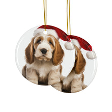 DistinctInk Hanging Ceramic Christmas Tree Ornament with Gold String - Great Gift/Present - 2 3/4 inch Diameter - Grand Basset Griffon Vendéen Puppy Design