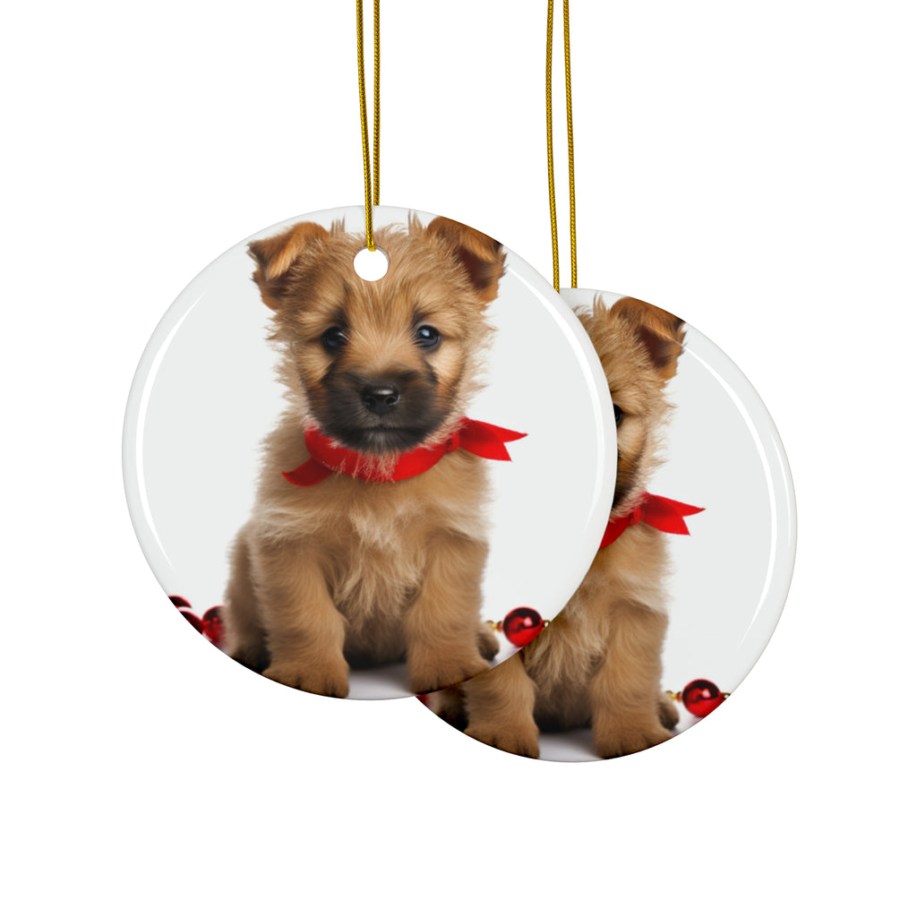 Hanging Ceramic Christmas Tree Ornament with Gold String - Norwich Terrier Puppy Design, view 2
