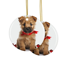 DistinctInk Hanging Ceramic Christmas Tree Ornament with Gold String - Great Gift/Present - 2 3/4 inch Diameter - Norwich Terrier Puppy Design