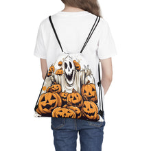 DistinctInk Drawstring Bag / Backpack with Ghostly Skeleton and Pumpkins Design for Halloween