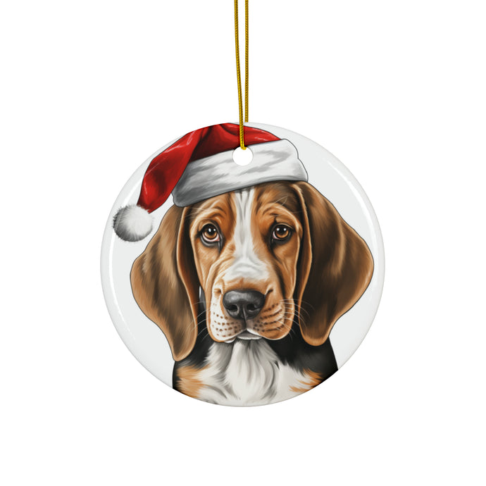 DistinctInk Hanging Ceramic Christmas Tree Ornament with Gold String - Great Gift/Present - 2 3/4 inch Diameter - American English Coonhound Puppy Drawing Design