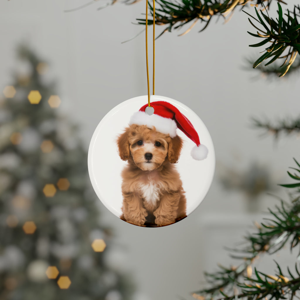 Hanging Ceramic Christmas Tree Ornament with Gold String - Poodle Puppy Design, view 3