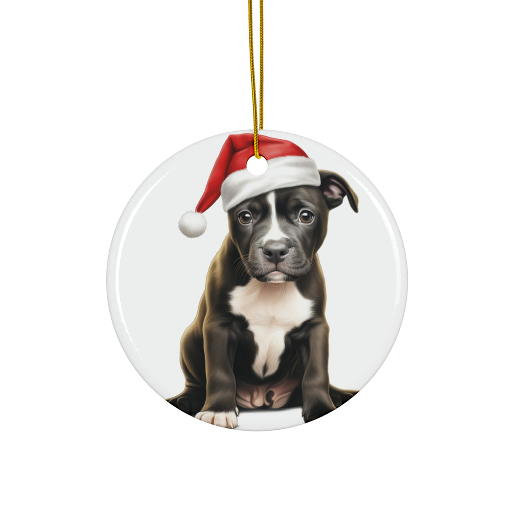 Hanging Ceramic Christmas Tree Ornament with Gold String - Staffordshire Bull Terrier Puppy Drawing Design