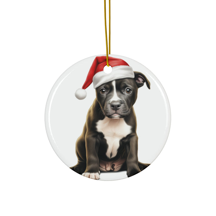 DistinctInk Hanging Ceramic Christmas Tree Ornament with Gold String - Great Gift/Present - 2 3/4 inch Diameter - Staffordshire Bull Terrier Puppy Drawing Design