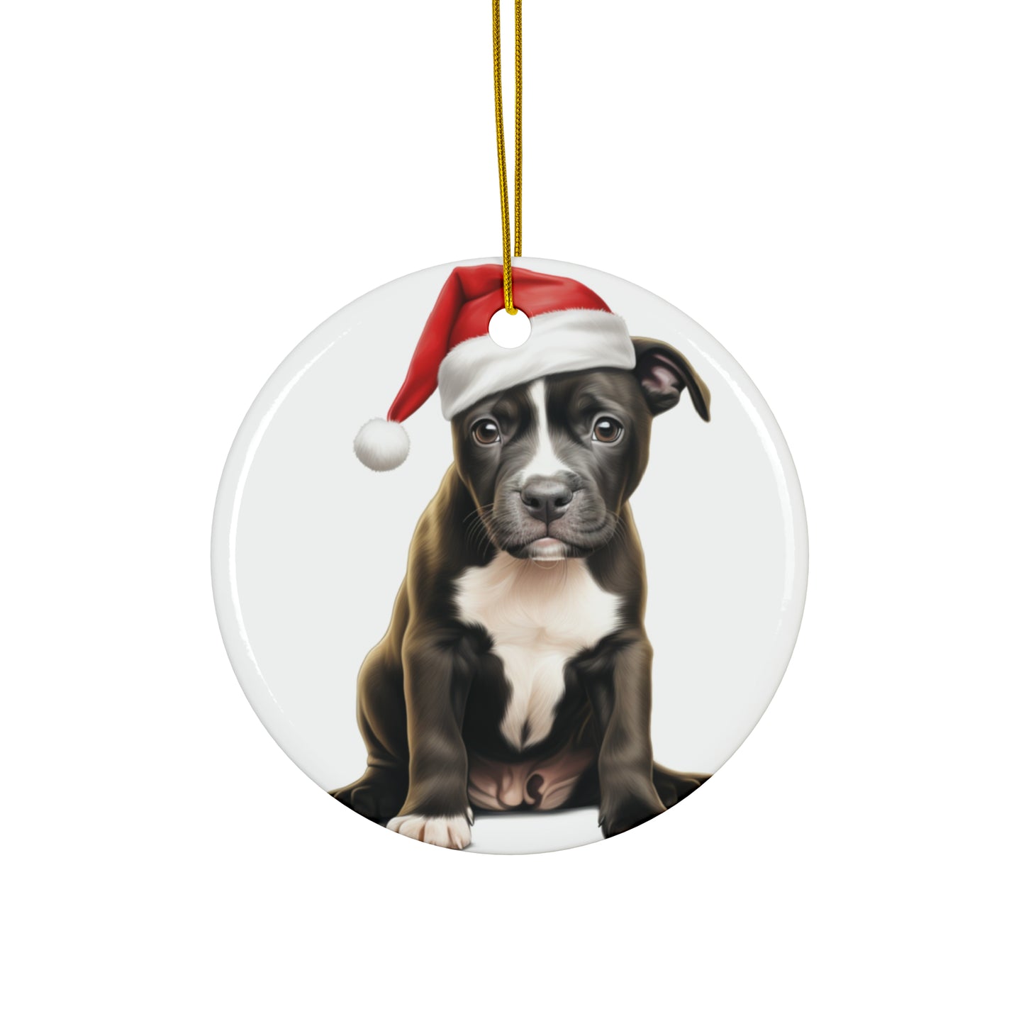 DistinctInk Hanging Ceramic Christmas Tree Ornament with Gold String - Great Gift/Present - 2 3/4 inch Diameter - Staffordshire Bull Terrier Puppy Drawing Design