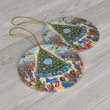 DistinctInk Hanging Ceramic Christmas Tree Ornament Charm with Gold String - Great Gift/Present - 2 3/4 inch Diameter - Democratic Holiday Spirit
